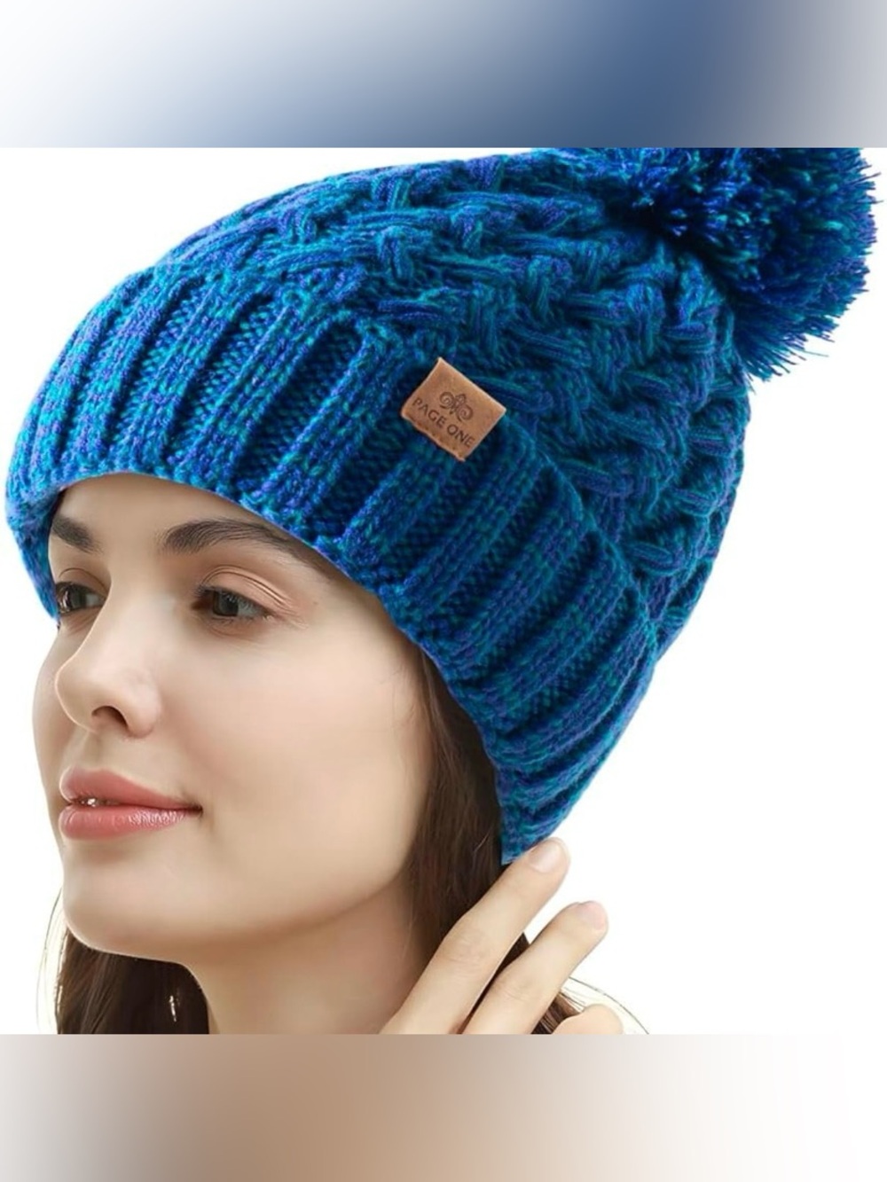 Women's Blue Cable Knit Pom Beanie